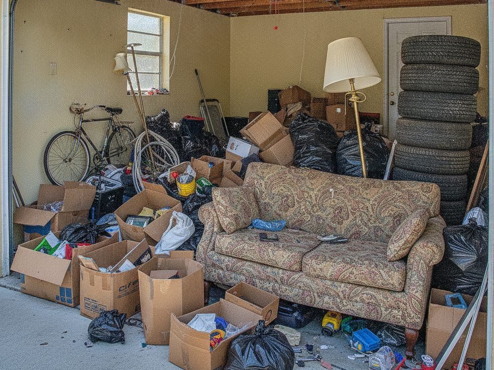 Garage before, packed with junk